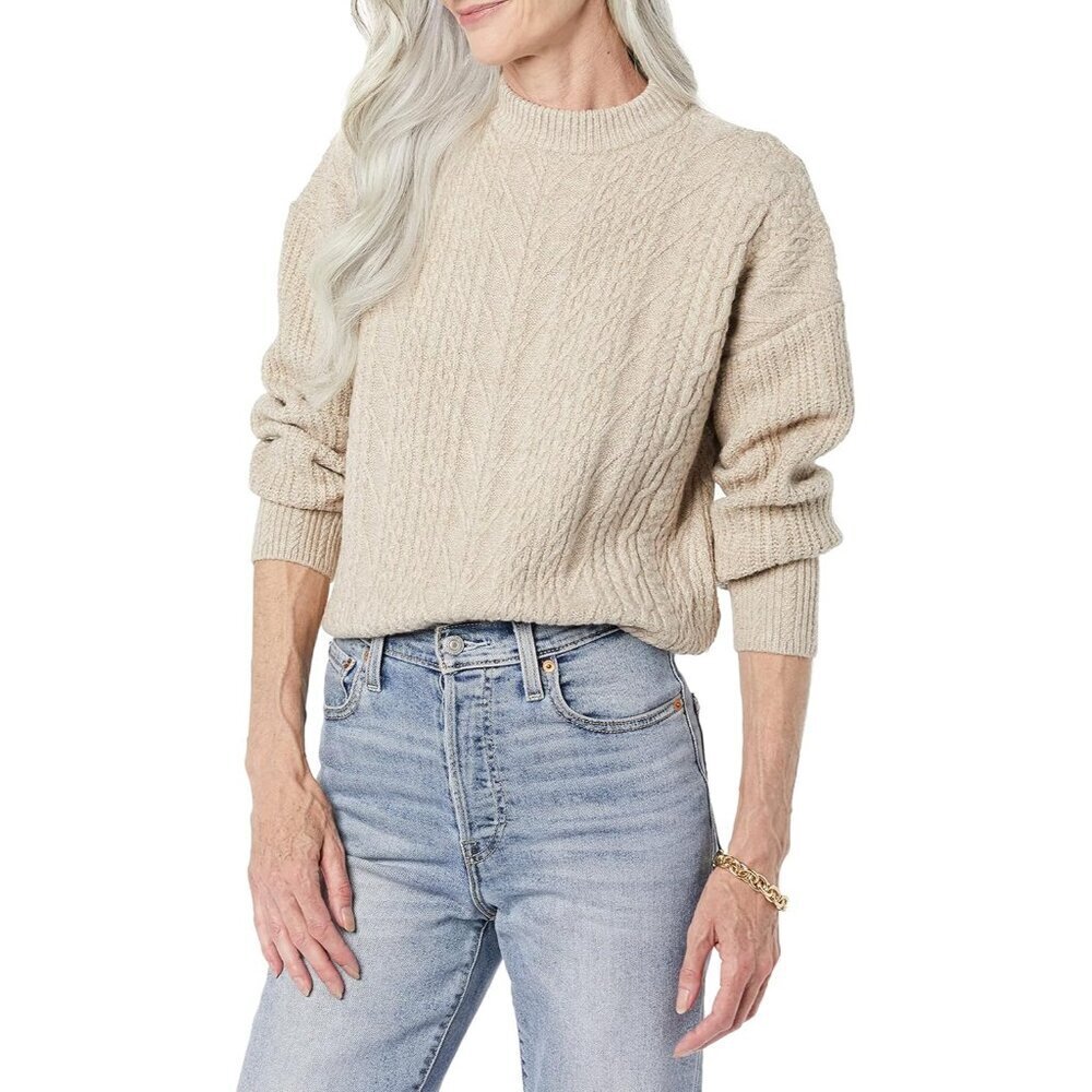 Women's Soft-Cotton Blend Cable Crewneck Sweater Plus Size Cozy Stylish